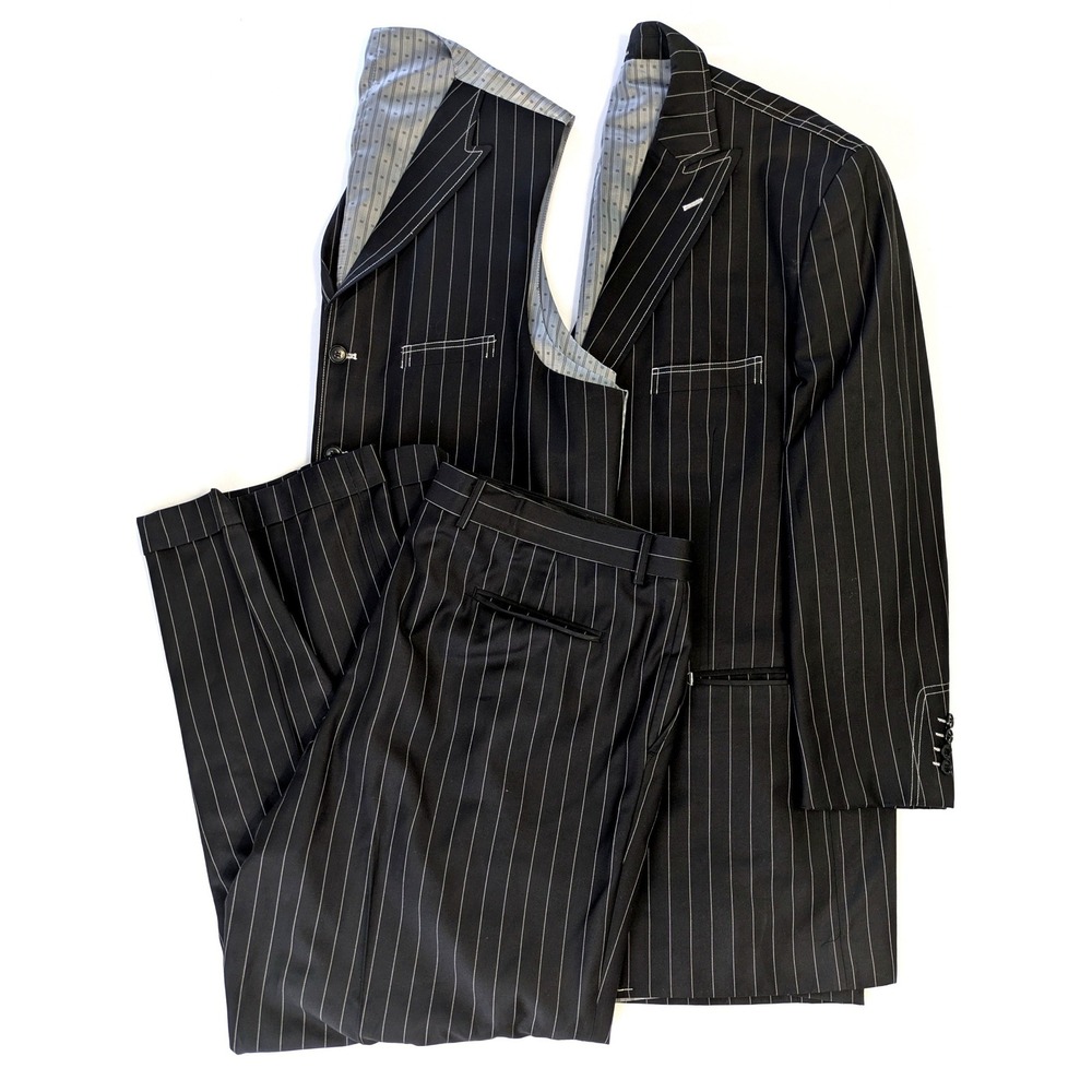 Milano Moda Mens 3 Piece Pinstripe Suit Set Black White 48 Blazer Vest Pants XXL